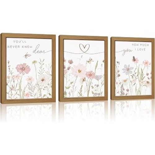 Kownzev Pink Floral Wall Art Set of 3, Watercolor Nursery Decor 12x16