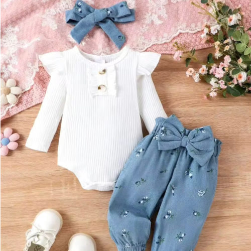 2pcs Baby Girl Cute Casual Long Sleeve Bodysuit With Printed Pants And Headband Thin Set For Spring Autumn Outdoor | SHEIN USA
