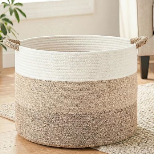 Artfeel 70L Large Cotton Rope Basket, Decorative Woven Blanket Storage for Living Room, Boho Toy Storage & Toy Box for Kids, Versatile Laundry Basket & Nursery Hamper for Blankets(BrownYellow)