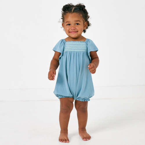 Dusk Blue Smocked Flutter Romper | Little Sleepies