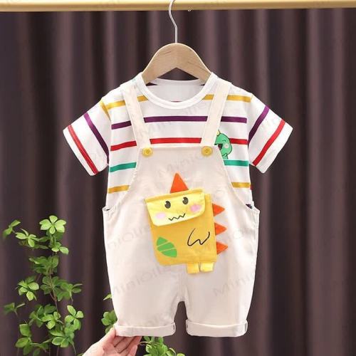 Baby Toddler Boys Dino Print Overall and Striped Tee 2-Piece Set
