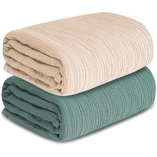 Muslin Swaddle Blankets for Newborn, 2 Pack Breathable Soft Receiving Blanket, Large 41 x 41 inches Swaddle Wrap Burping Clothes, Essentials Infant Shower Items. (Beige & Green)