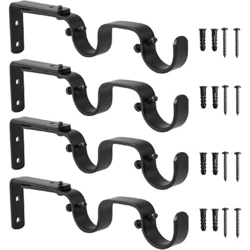 Heavy Duty Curtain Rod Brackets - Adjustable Double Rod Holders, 1 Inch (4 PCS, Black)