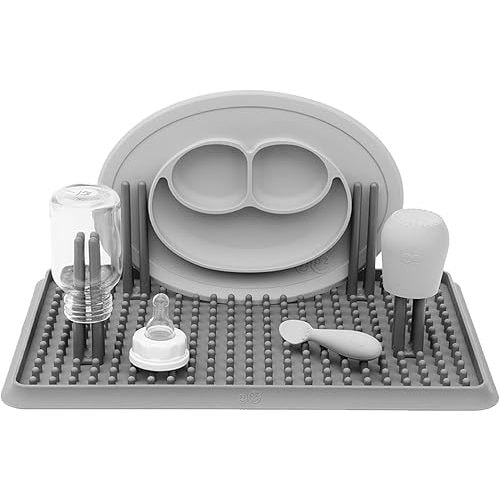 ezpz Drying Rack (Gray) - Silicone Dish Drying Rack with Suction Base - Adjustable Pegs - Odor-Resistant - Dry + Store Baby/Toddler Gear