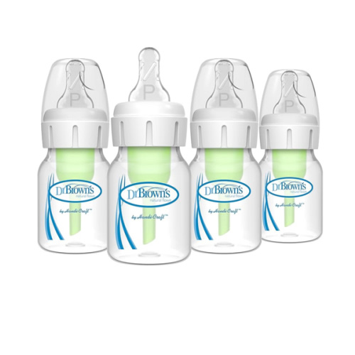 Dr. Brown's Natural Flow Anti-Colic Options+ Narrow Baby Bottle, 2 oz/60 mL, with Preemie Flow Nipple, 0m+, 4 Pack
