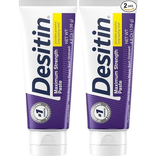 Desitin Maximum Strength Baby Diaper Rash Cream, 40% Zinc Oxide for Treatment, Relief & Prevention, Hypoallergenic, Phthalate- & Paraben-Free Paste, Protects Skin for 12 Hours, 4.8 oz (Pack of 2)