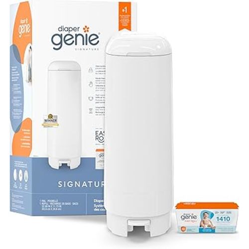 Diaper Genie Signature Pail Gift Set Includes 1 Easy Roll Refill with 30 Bags | Holds Up to 1,410 Newborn-Sized Diapers Per Refill White