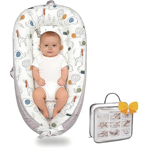 Infant Support Cushion-Breathable and Soft Organic 100% Cotton, Portable Tummy Time Mat with Removable Support Cushion Cover, Floor Baby Support Cushion for Newborn-Crocodile & Elephant