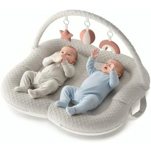 Twins Baby Play Mats for Floor Activity Gym - 5-in-1 Support Cushion Baby Play Mat Tummy Time Mat for Supervised Bonding with Arch, Plush Toys, Flashcards & Development - Grey