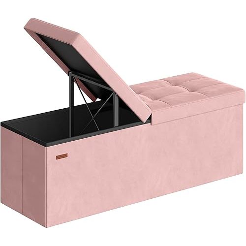 SONGMICS Mazie Collection - 43 Inches Storage Ottoman, Foldable Storage Bench with Flipping Lid, 660 lb Load Capacity, for Entryway, Living Room, Bedroom, Velvet Fabric, Jelly Pink ULSF078SA01
