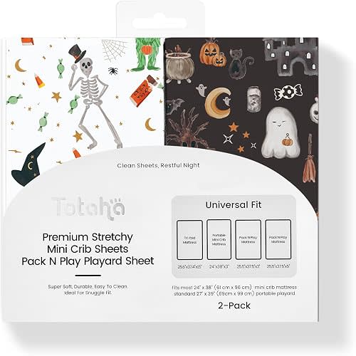 Halloween Pack n Play Sheets Fitted, Super Stretchy Jersey Mini Crib Sheets Fitted, Silky Comfort Pack and Play Mattress Sheets 2 Pack, Vampire, Black Cat, Pumpkin Deco