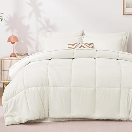 Love's cabin King Size Comforter Set, 7 Pieces Bed in a Bag, Ivory