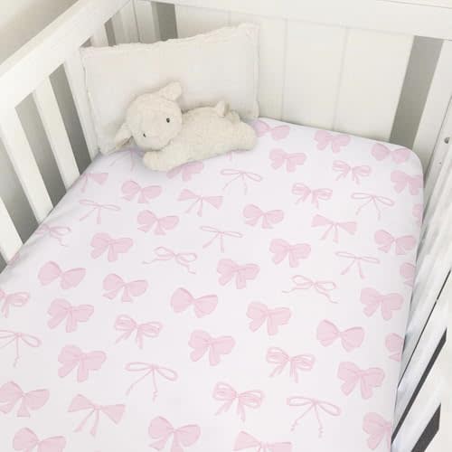 Pastel Pink Bows Baby Crib Sheets for Boys Girls Preppy Girly Ribbons Soft Snug Fitted Crib Mattress Covers for 52''x28'' Standard Crib & Toddler Mattress Cute Valentine Bows Nursery Bed Sheets