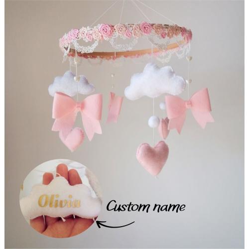 Bows Baby Girl Mobile,Custom name baby mobile,Felt Hearts Mobile Pink,Baby Shower Gift,Bows Crib Mobile,Baby Girl Nursery Decor