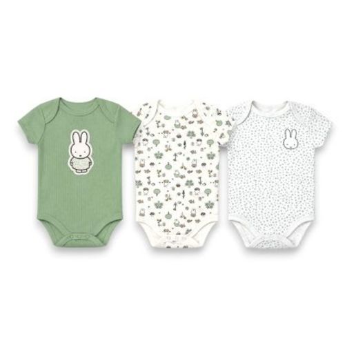 Miffy Baby Boys' 3-Pack Short Sleeve Soft Cotton Blend Bodysuit Set, Mint/White Dots, 6 Months