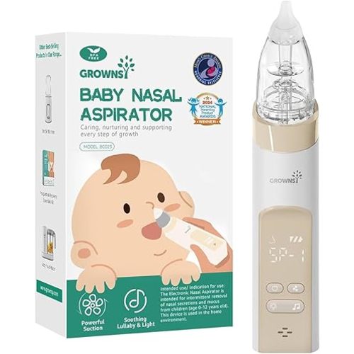 GROWNSY Nasal Aspirator for Baby, Electric Baby Nose Sucker, Automatic Nose Cleaner with Larger Suction Chamber and More Powerful Suction, Music and Light Soothing Function, Beige