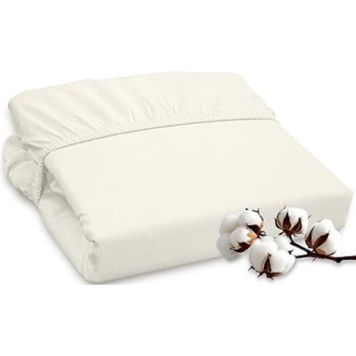 ROYALE LINENS 300 Thread Count 100% Long Staple Combed Cotton Fitted Sheet Twin - Super Soft Deep Pocket Bottom Sheet - Fitted Sheets Only - Elastic Sheets (Twin, Cream)