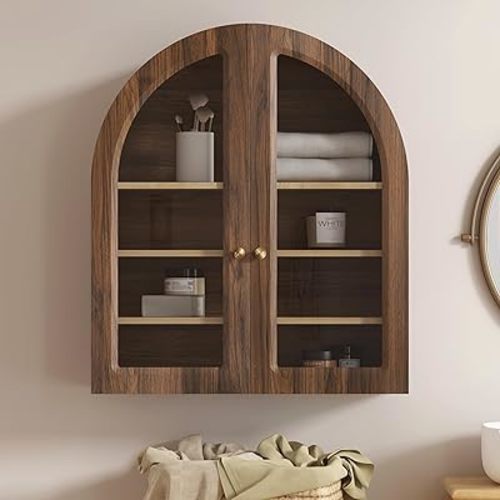 Brown Arched Wall Cabinet, Large Wood Bathroom Medicine Cabinet Wall Mounted Cupboard, Modern Floating Storage Cabinet with Acrylic Door Adjustable Shelf, Wood Organizer (Brown-Oak)