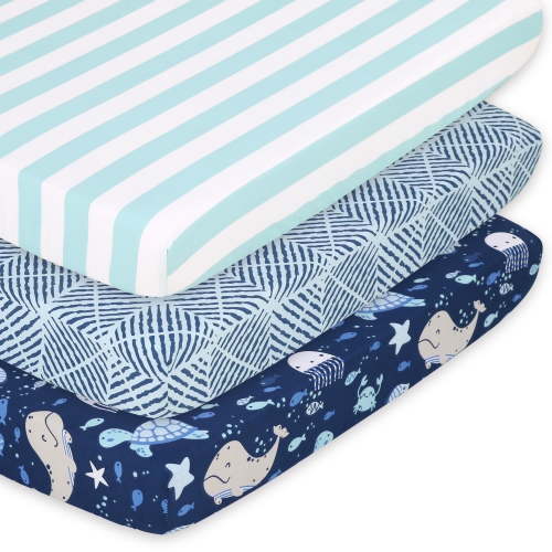 The Peanutshell Playard Mini Crib Sheets for Mini, Portable, Playard, and Pack n Play Cribs, Sealife, 4-Pack
