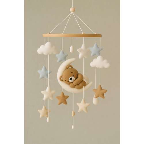 Sleepy Teddy Bear Baby Mobile: Handmade Felt Nursery Decor