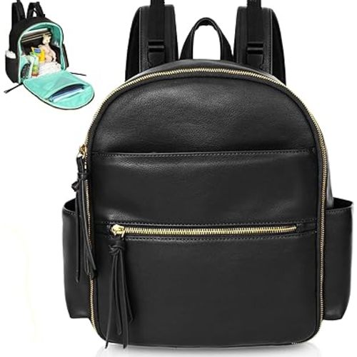 MOMINSIDE Small Diaper Bag Backpack, Mini Diaper Bag with 11 Pockets, Leather diaper backpack, Baby Diaper Bag for Baby Girls, 2 Insulated Pockets, Stroller Straps (Black)