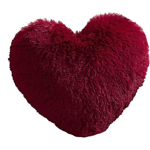 MorroMorn Fluffy Heart Throw Pillows, Shaggy Decorative Pillow for Sofa Couch Bed, Cute Room Decor Decorations for Women Girls Kids (Dark Red)