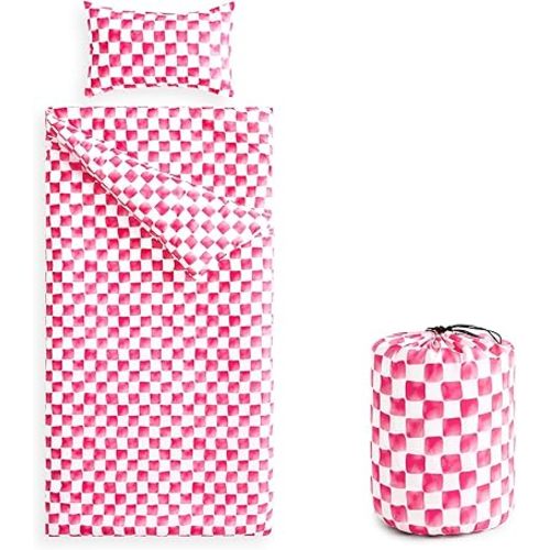 Wake In Cloud - Sleeping Bag for Kids Toddlers Boys Girls, Portable Compact Lightweight Backpacking Nap Mat with Pillow and Blanket, Gingham Grid Checkered, Hot Pink White, 55" x 30"