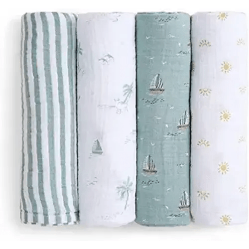 aden + anais Boutique Organic Swaddle Blanket 4-Pack – 100% Organic Cotton Muslin, Large, Soft, Breathable Receiving Blankets for Infants – Lightweight Multi-Use Baby Swaddles, Sailing Seas