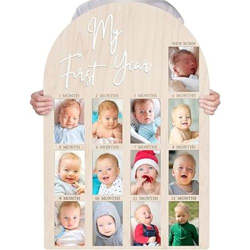 Bosctanuc Large My First Year Picture Frame for 33 x 22 Inch Wooden Photo Board ,12 Monthly Photo Display 1st Birthday Decorations Baby Gift for Newborn Keepsake,Baby Monthly Milestone (Classic, Wood, 33X22)