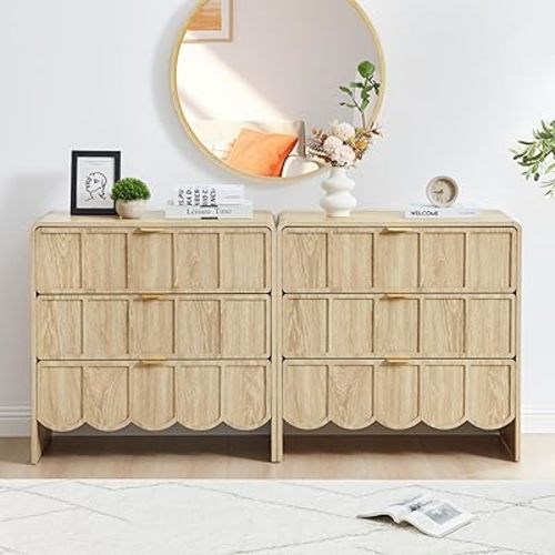ORRD 3 Drawer Dresser for Bedroom Set of 2, Modern Closet Chest of Drawers with Wave Fluted Drawer, Wood Storage Small Dresser Organizer for Nursery Bedroom Living Room Hallway Closet (Natural)