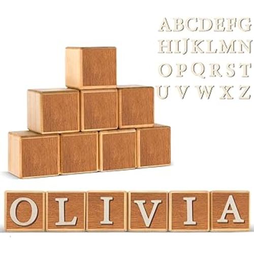 Kigley 8 Pcs Custom Wooden Name Sign 8 Letter Blocks and 78 Wooden Letter Name Wooden Cubes Wooden Blocks for Montessori Shower Name Alphabet Wood Signs(Wood)