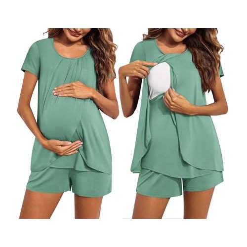 Ekouaer Women's Maternity Nursing Pajamas Set Breastfeeding Sleepwear Double Layer Short Sleeve Top & Shorts Nursing Pjs