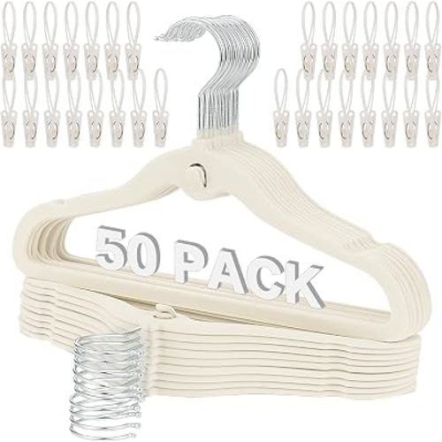 Kids Velvet Hanger 50 Pack, 11.8" Clothes Hanger with 30 Clips, Non-Slip Flocked Hangers, Space Saving Small Clothes Hangers for Closet, Coats, Pants, Dresses (Beige)