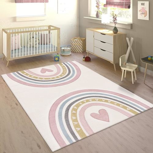 Paco Home Kids Rug with Rainbow & Hearts for Nursery in Cream Pink, Size: 3'11" x 5'7"