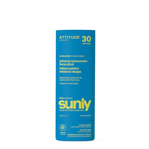 ATTITUDE Mineral Face Sunscreen Stick for Kids, SPF 30, EWG Verified, Plastic-Free, Broad Spectrum UVA/UVB Protection with Zinc Oxide, Dermatologically Tested, Vegan, Unscented, 0.7 Ounce
