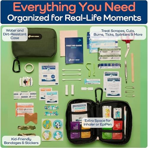 Keep Going Travel First Aid Kit for Kids – 130 Pc. for Car, Purse, Diaper Bag, Backpack, & Suitcase, with Latex-Free Bandages – 7 x 5 x 2 in. Travel First Aid Kit TSA-Approved
