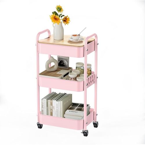 3 Tier Rolling Cart with Table top, Metal Rolling Utility Cart, Sturdy Storage Organizer Cart with Locking Wheels & Hooks for Office, Classroom, Kitchen and Bathroom