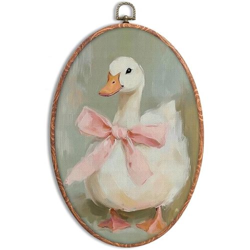 Foritho Coquette Pink Bow Goose Nursery Oval Framed Wall Art, Preppy Girly Aesthetic Farm Animal Hanging Canvas Wall Art Prints for Girls Bedroom Nursery Home Decor, 8.5x11.5 Inch