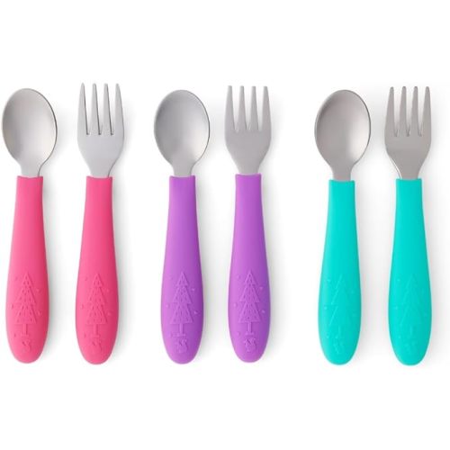 Elk and Friends Kids Silverware with Silicone Handle | Childrens Safe Flatware | Toddler Utensils | Baby Spoons + Forks | Stainless Steel Cutlery | Dishwasher Safe | 6 Pieces