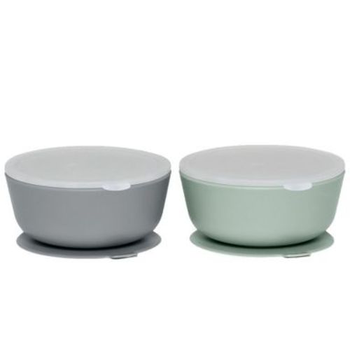 Weesprout Suction Bowls for Baby & Toddlers, 100% Silicone with Plastic Lid, 12 oz - Muted Dark Gray + Muted Green, Set of 2