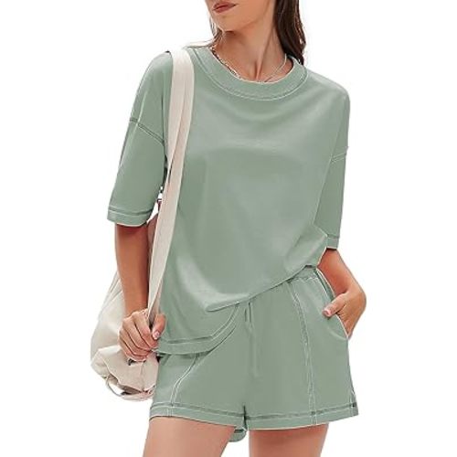 EXLURA Women's Casual Summer 2 Piece Sets 100% Cotton Short Sleeve Tshirt and Shorts Matching Sweatsuits Lounge Set 2026