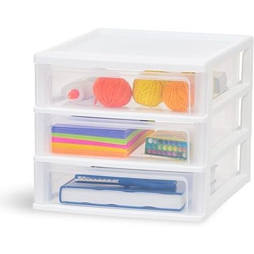 IRIS USA Medium 3-Drawer Stacking Desktop Organizer, 1 Pack, Plastic Drawer Storage Container for Stationery Art Craft Supplies Kitchen Office Garage and Small Business Organization, White