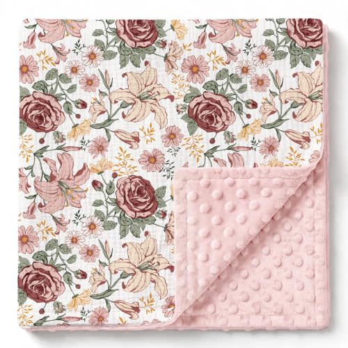 GLLQUEN BABY Muslin Baby Blankets for Girls & Boys, 2-Layer Toddler Blanket | Cotton Top with Dotted Fleece Back, Soft Receiving Blanket for Nursery Stroller Crib, 30''x40'', Retro Floral