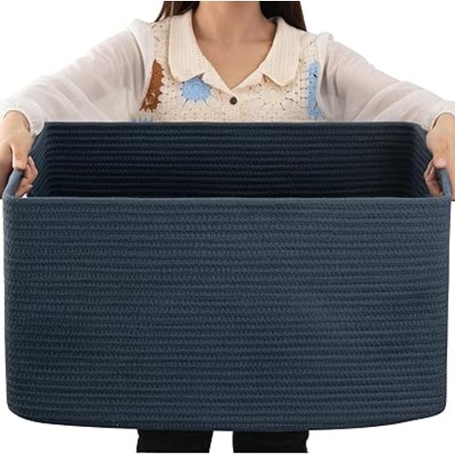 OIAHOMY 75L Large Blanket Basket, Woven Storage Basket with Handle, Cotton Rope Basket 22”x17”x12”,Blanket Basket Living Room, Toy Basket for Nursery, Blue