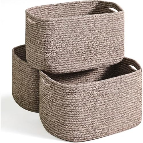 Storage Baskets for Organizing Shelves, Woven Cotton Rope Bins for Organization, Dog Toy Organizer for Shelf Living Room Bedroom, 14.8"×11"×9.5", Pack of 3, Dark Brown