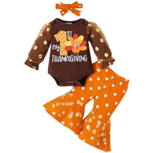 Axumity Newborn Baby Girl My 1st Thanksgiving Outfit Romper Top + Pants with Headband Infant Girl Clothes Set