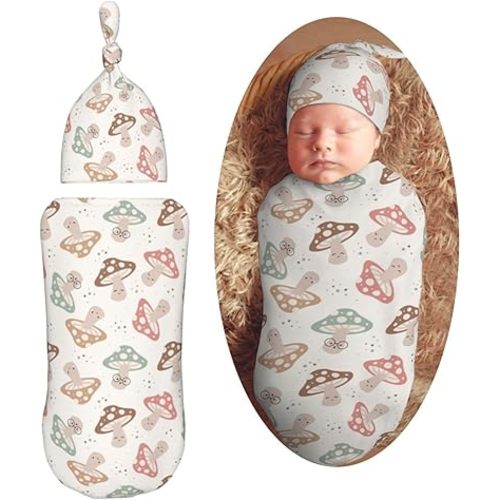 Happy Mushroom Newborn Swaddle Blankets Hat Sets Soft Baby Receiving Blanket Swaddle Sack for Baby Shower Infant Boy Girl Gift