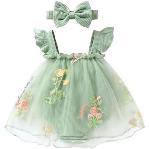 YOUNGER TREE Baby Girl Clothes Infant Summer Sleeveless Romper Dress Ribbed Floral Tulle Jumpsuit Bodysuit with Headband