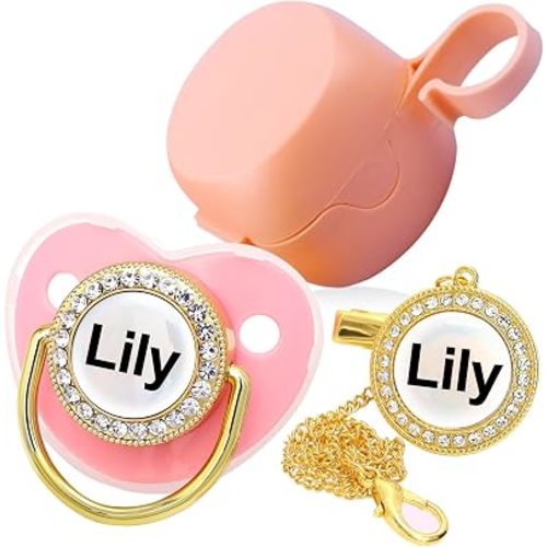 Personalized Pacifier with Name, Bling Gold Pacifier Clip Set (Rose)
