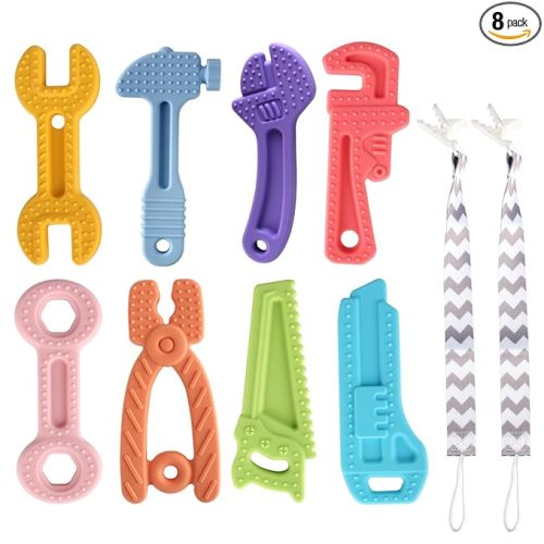 Yinghezu 8 Pack Chew Baby Teething Toys for 0-12 Months, Freezable BPA Free Silicone Baby Molar Teether Chew Toys, Hammer Wrench Spanner Pliers Hand Saw Shape Baby Girl's Boy Car Seat Toy